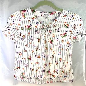 Floral White Top with Black Stripes